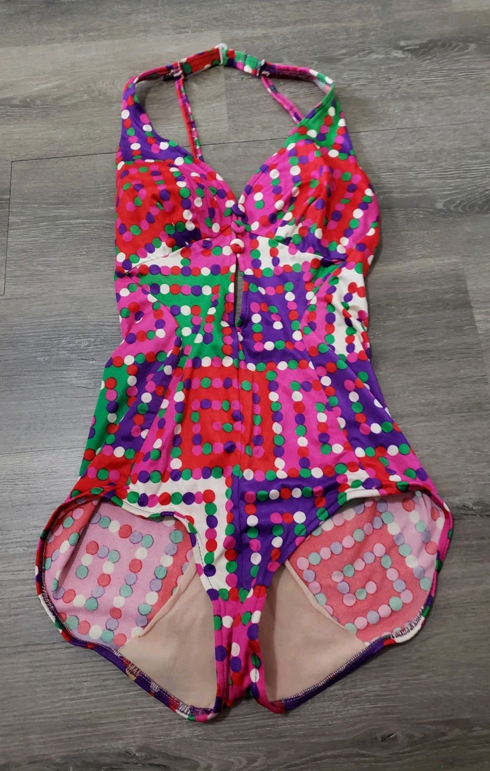 VTG 70s Robby Len Polka Dot One Piece Swimsuit Sz S? Keyhole Opening DAMAGE READ