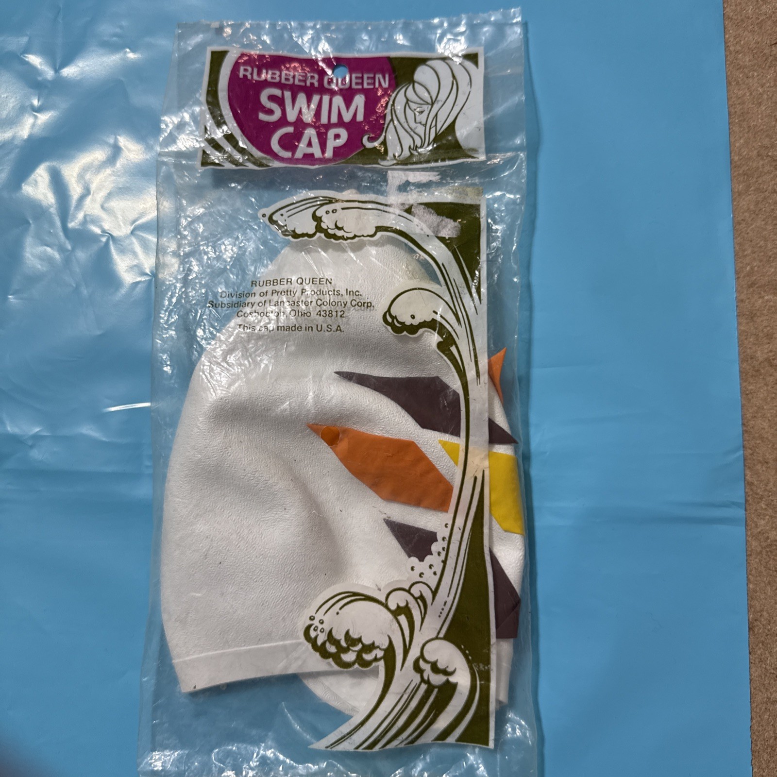 Vintage 70s White Diamond Geometric Rubber Swim Cap Swimcap by Rubber Queen NOS
