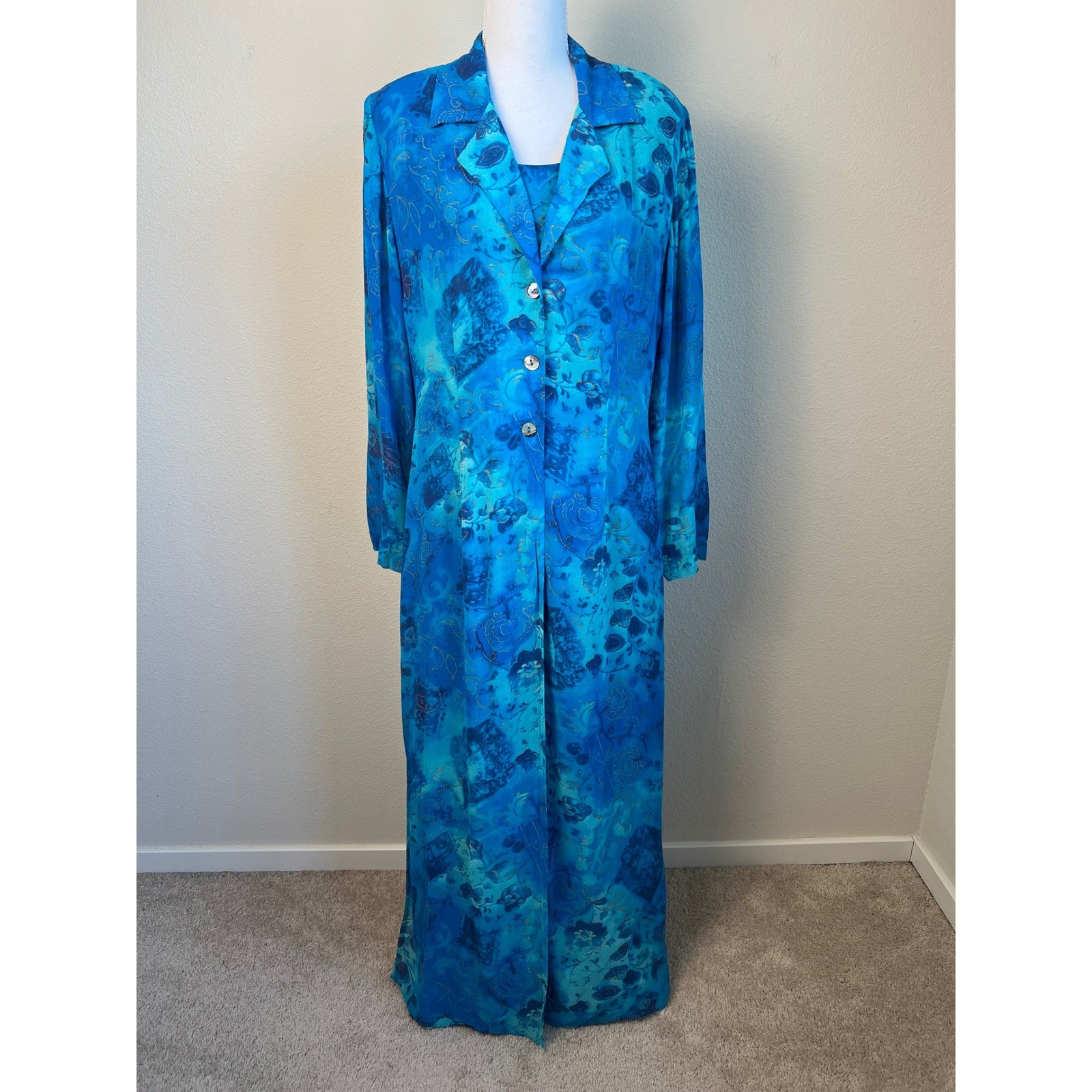 VTG Rabbit Rabbit Designs Blue Floral Rayon Maxi Dress Duster Set Size 12 Artsy