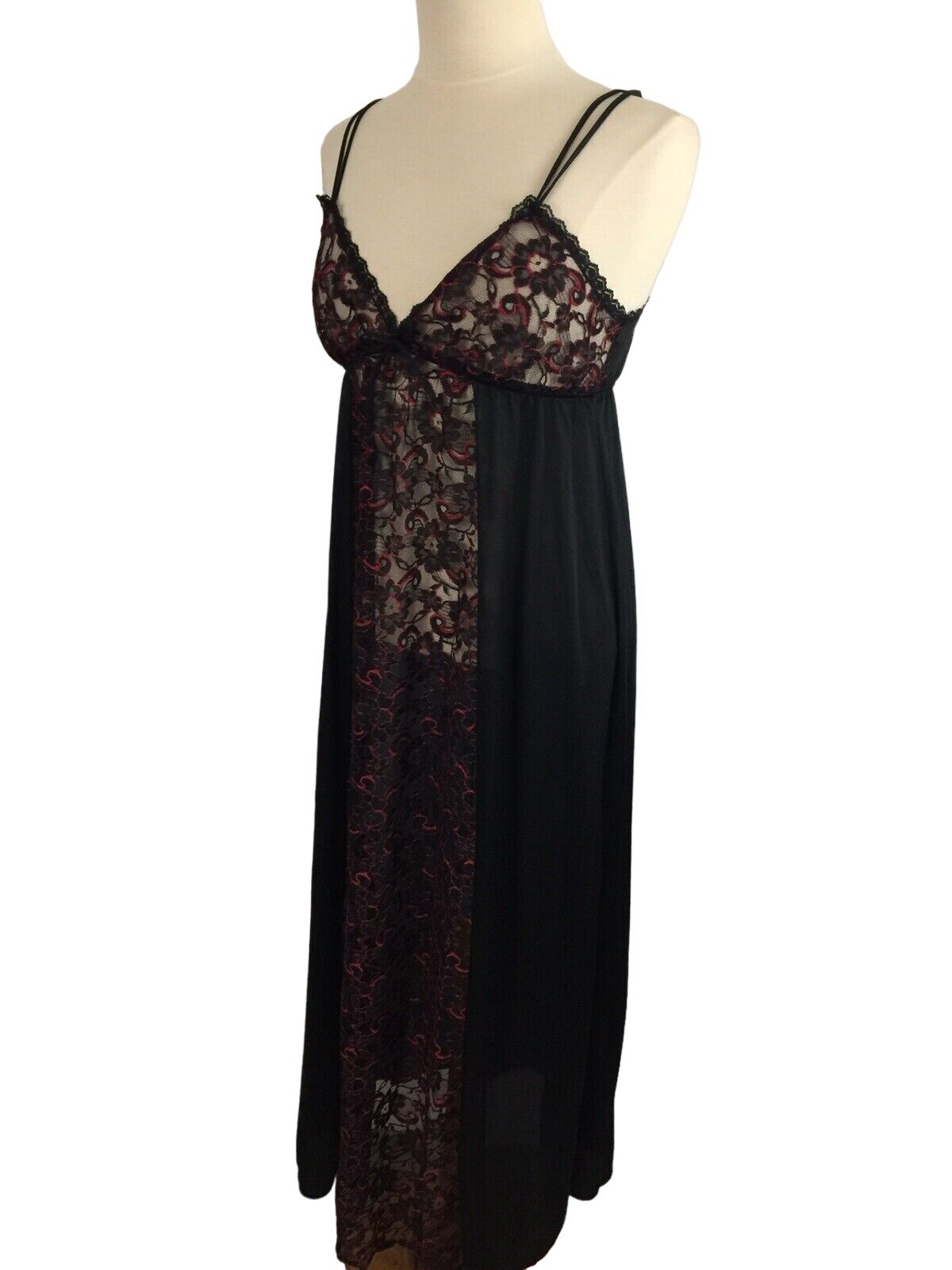 Vintage Jill Andrea Women’s M Nightgown Black Red Sheer Lace Long Gown Goth