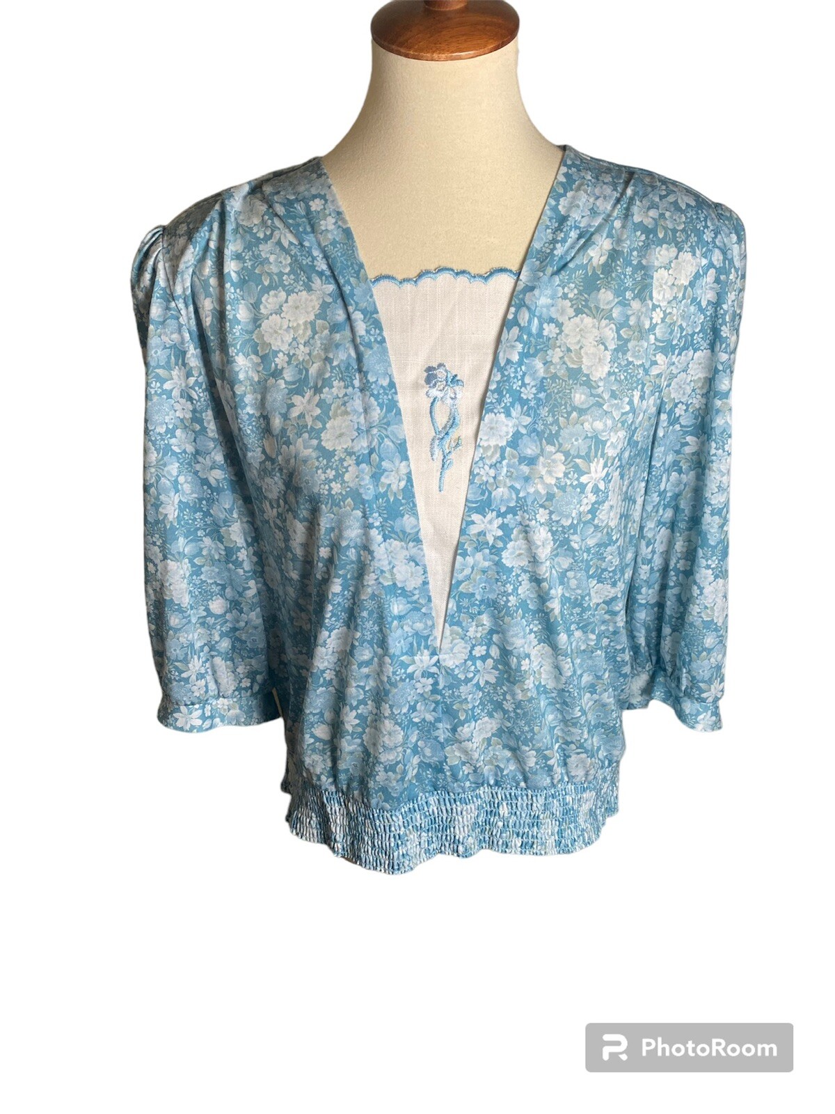 Vintage 70s Blue And White Floral Blouse With Chest Piece With Shoulder Pads.