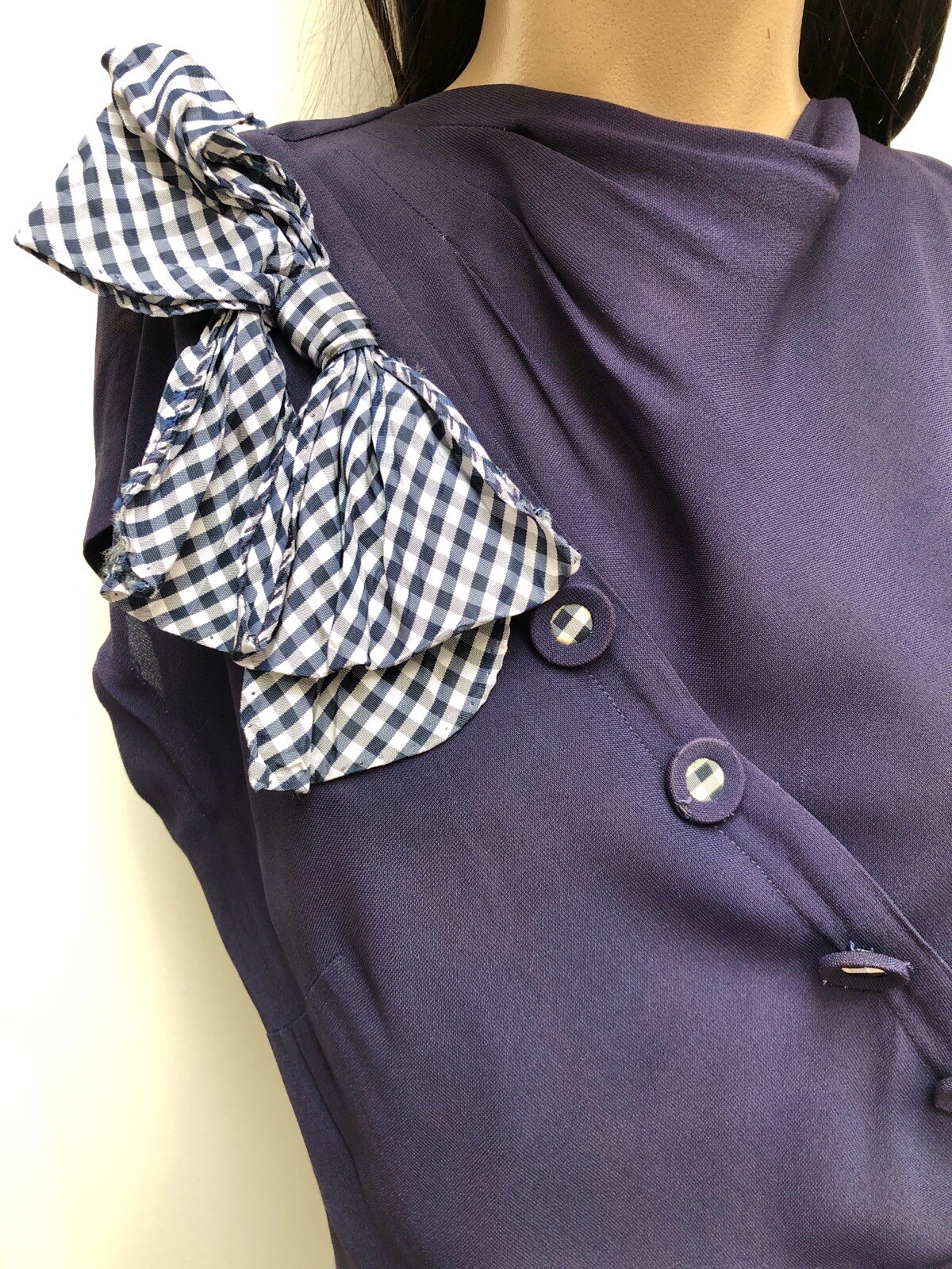 VTG 1940s Rayon Crepe ASYMMETRIC Waterfall PEPLUM Swing Dress *GINGHAM Accents