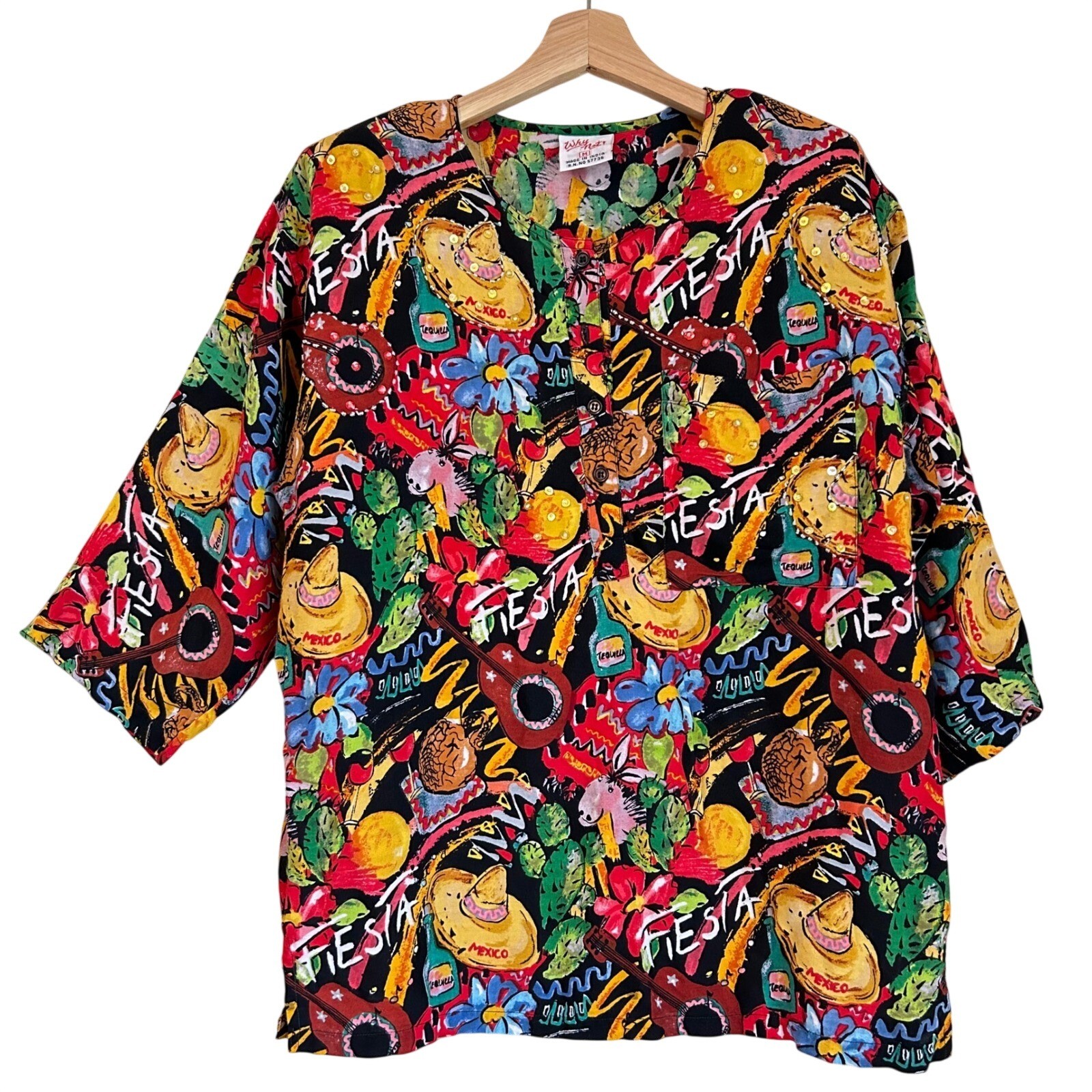 Why Not! Vintage Fiesta Novelty Print Rayon Beaded Top Womens Medium Multicolor