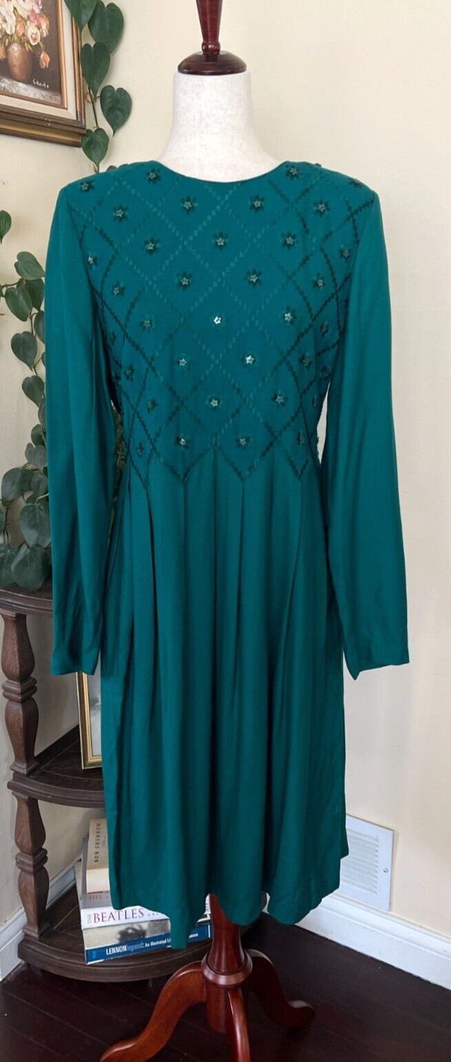 Sarah Elizabeth Long Sleeve Green Vintage Dress sz 12 Embroidered Made in India