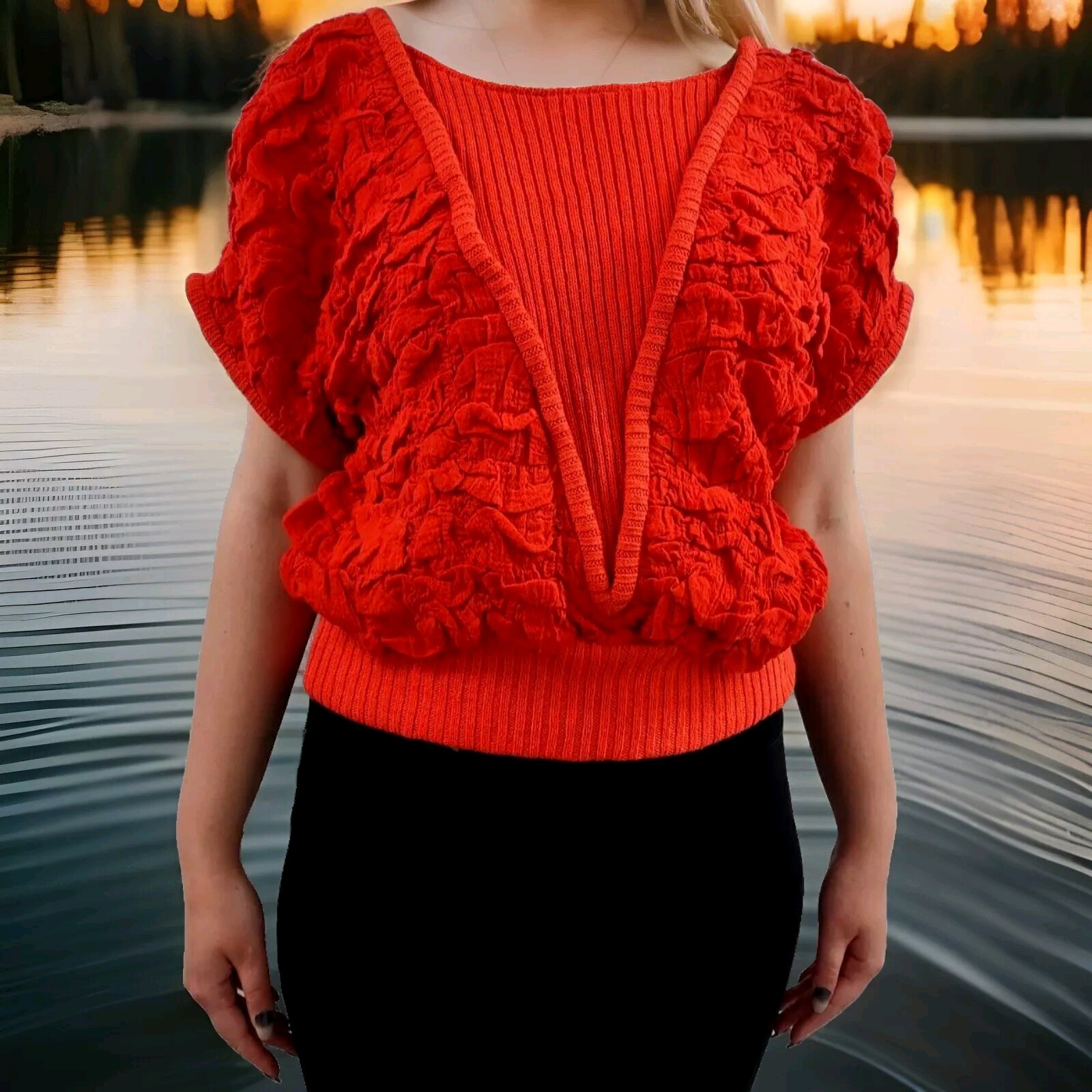 Orange Red Sweater Top 80s Evening Wear Couture Disco Club High Fashion M / L