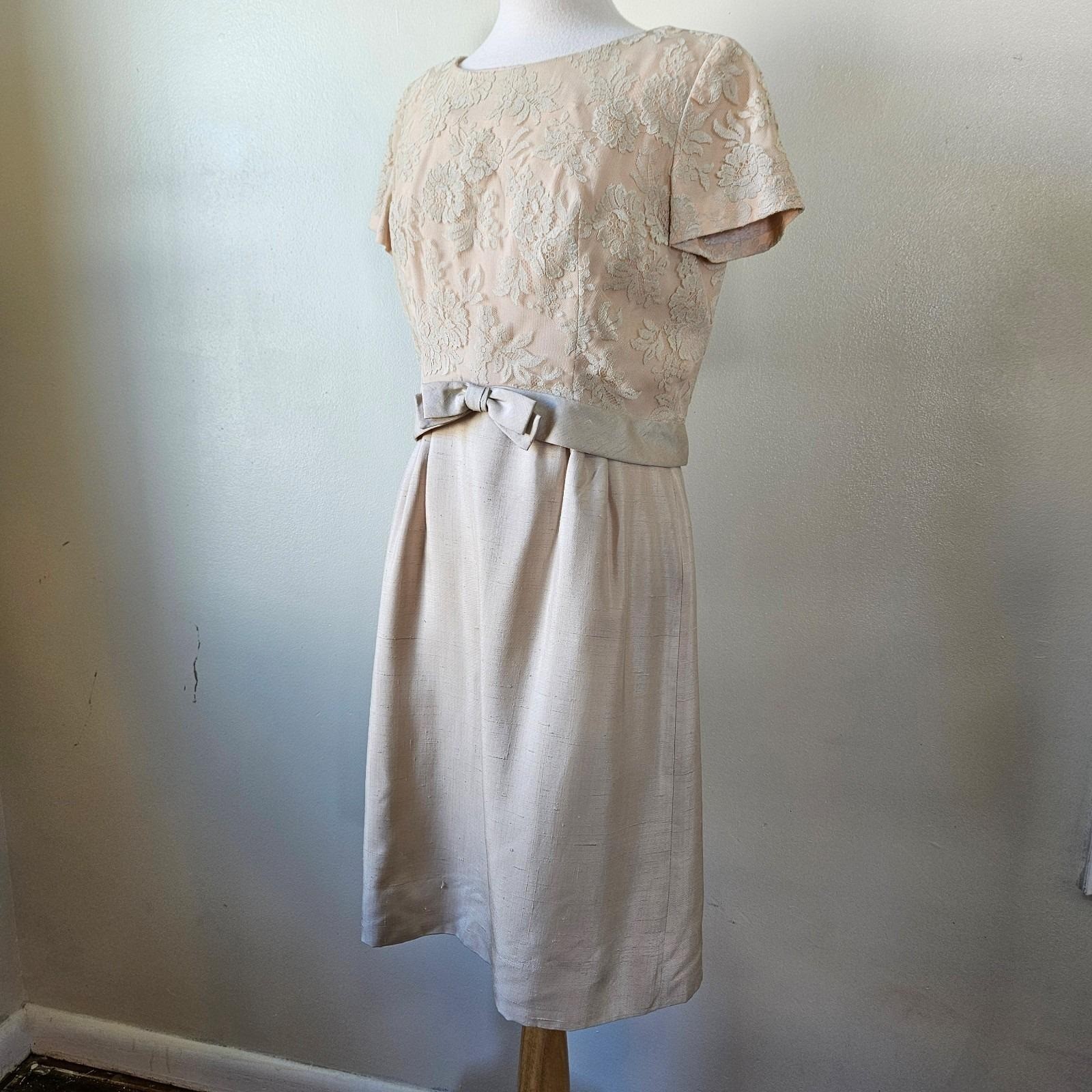 Vintage 50s 60s Beige Cream Bridal Lace 2 Pc Church Dress Set Sheath Mad Men S/M