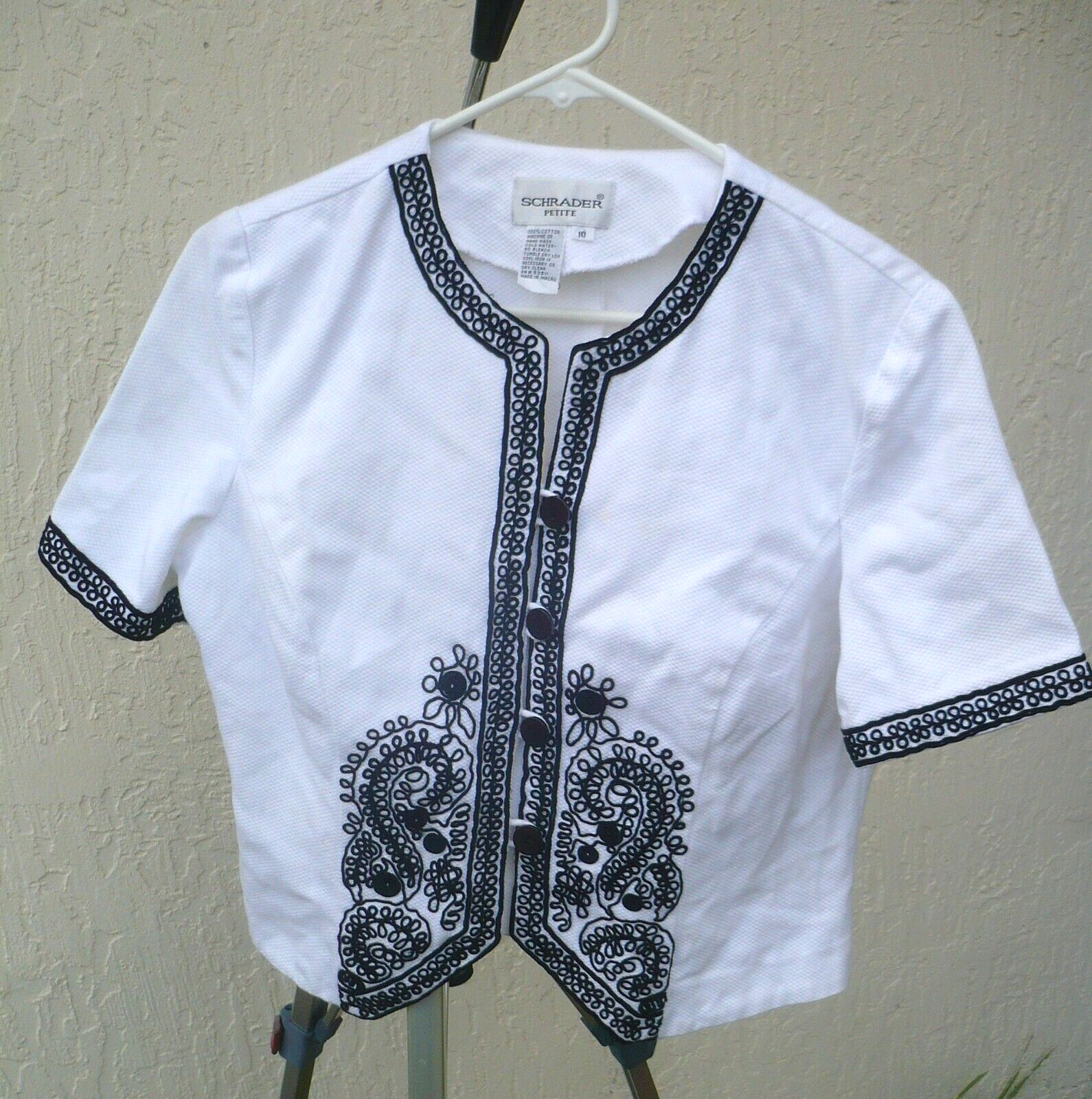 VTG 90 WHITE BLOUSE JACKET WHITE BLACK SOUTACHE TRIM SHRUG TEXTURED M SCHRADER P