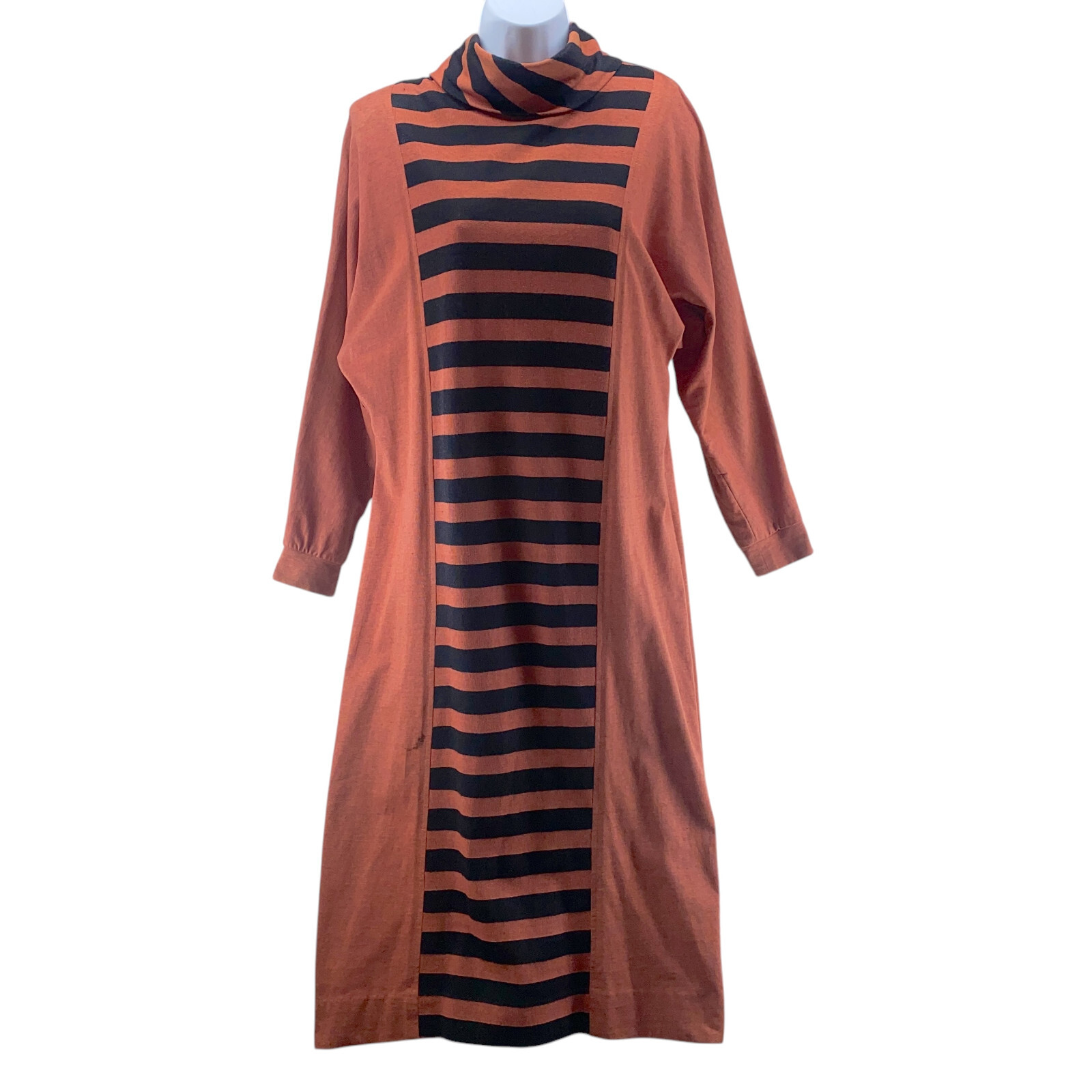 Vintage Henry Lee Dress Size 10 Burnt Orange Black Stripe Midi Turtleneck Tunic