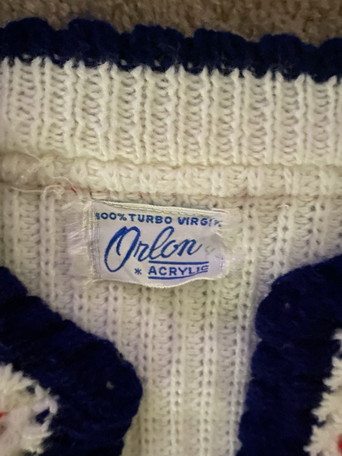 Orlon Acrylic Vintage White Knit Cardigan with Red & Blue Stripe Trim