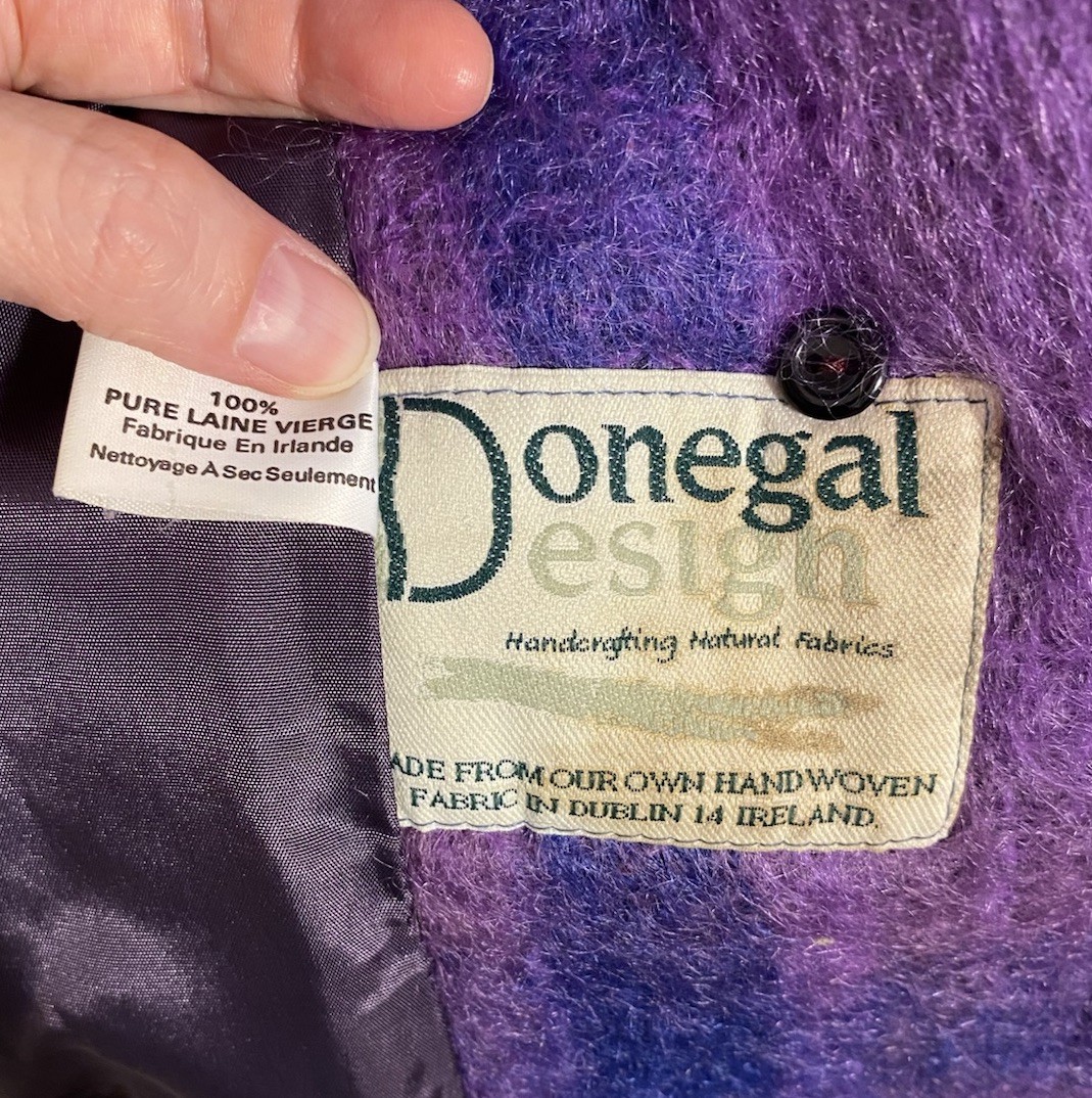 90s Donegal Design Mohair Wool Plaid Scarf Collar Coat Ireland Made VTG Large