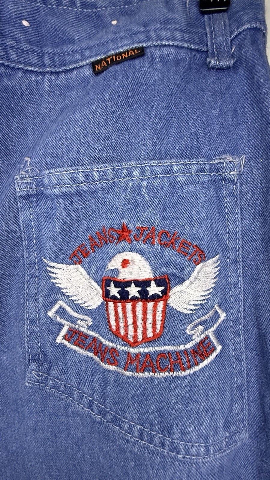 Vintage National Shirt Shops Jeans Machine Embroidered Eagle Jean 32×27 Raw Hem
