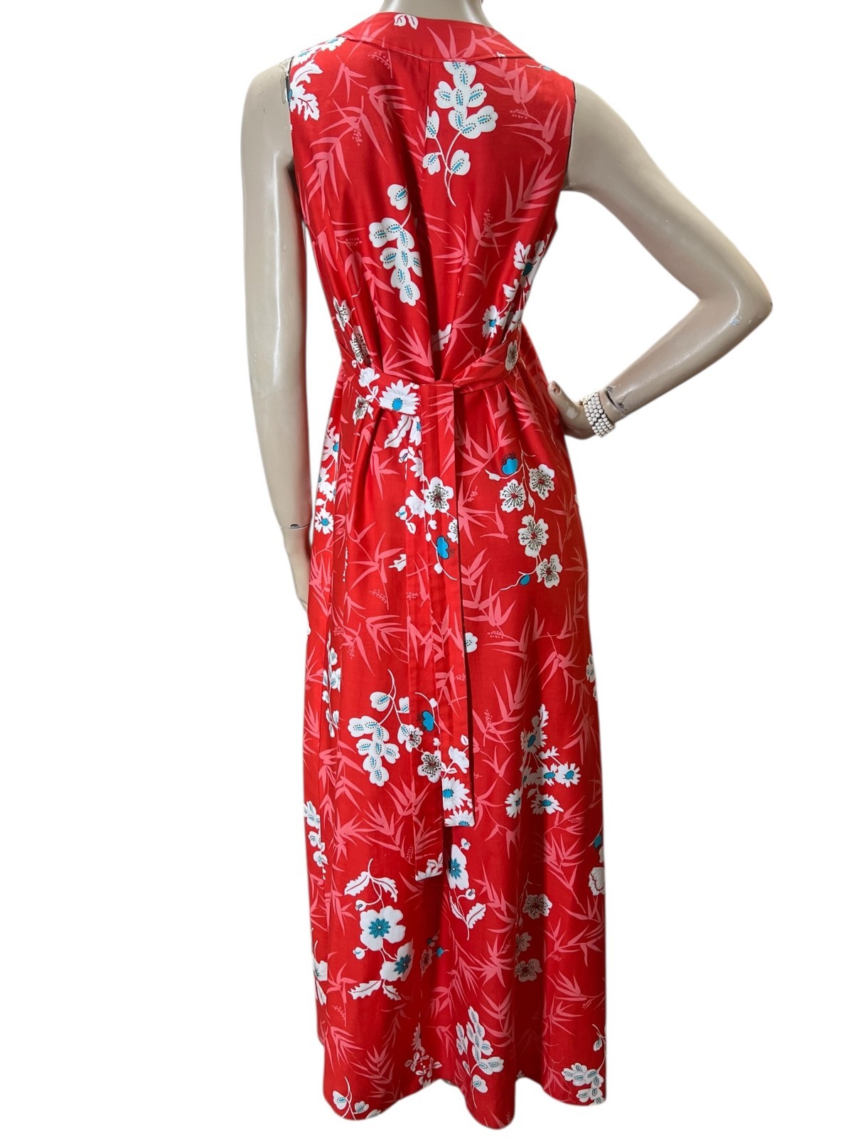 Sz M Vtg 70s Maxi Dress Cross Tie Coral Floral Polished Cotton Center Split