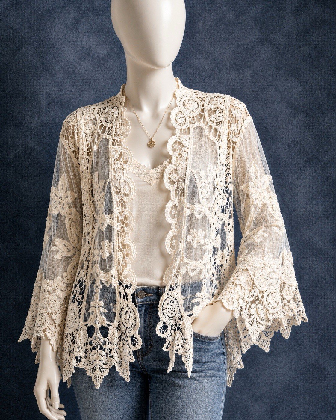 Boho, Cottagecore, Fairycore, Ivory Lace Indigo Thread Co Kimono Cardigan L/XL