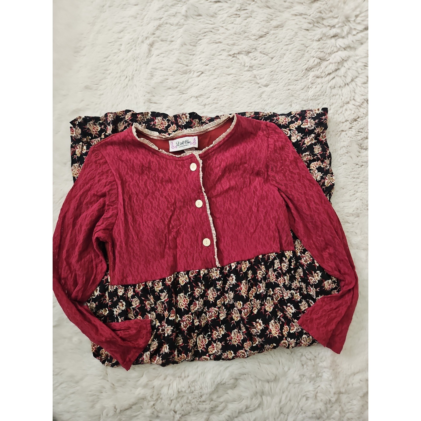 VTG 90s LA Chic California Floral Dress Burgundy Grunge Prairie Cottagecore S