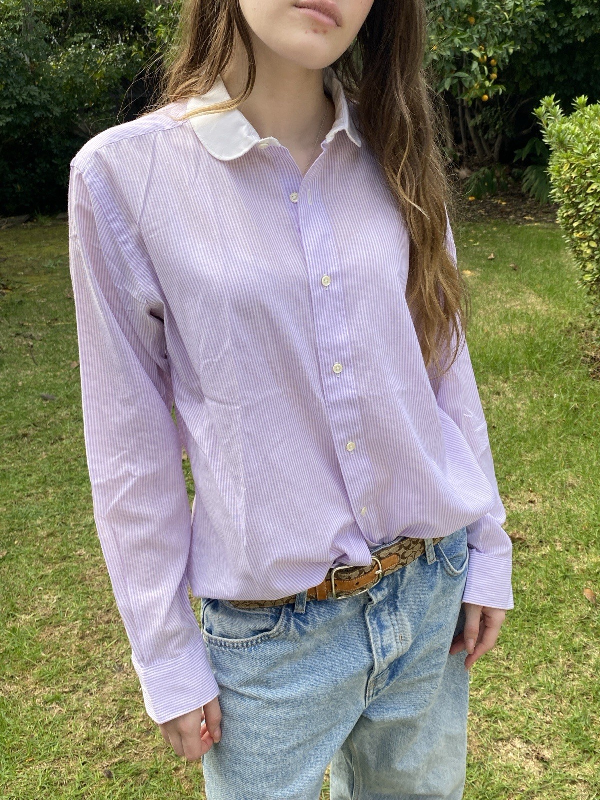 Vtg Pappagallo M Peter Pan Collar Cotton Blend Top Shirt Stripe Lavender Preppy