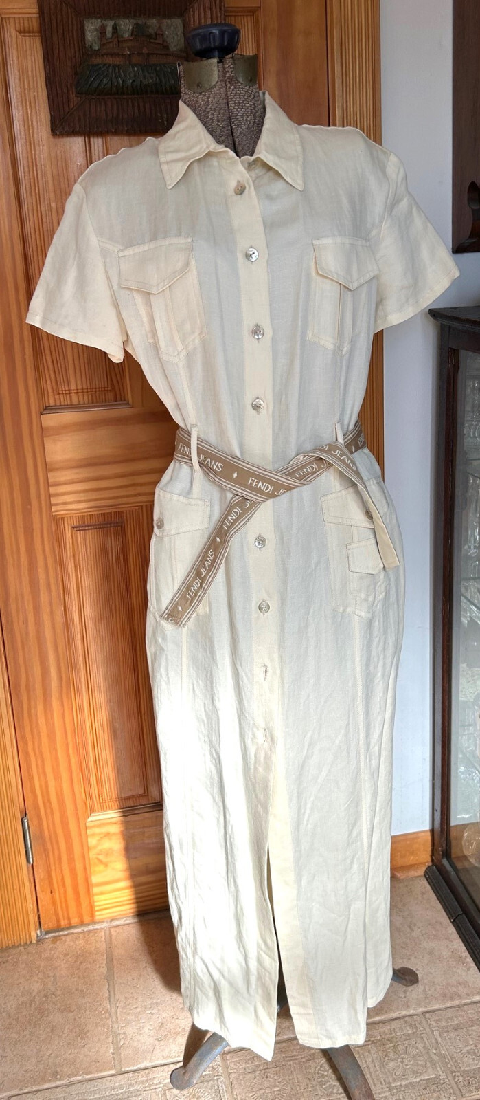 Vintage Fendi Jeans Work Wear Utility Long Belted Shirt Dress Italy Linen Vis