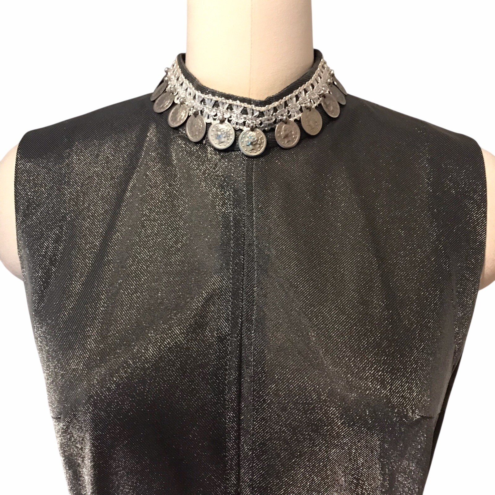 VTG 80’s Pewter Maxi Evening Dress Stunning Coin Medallions Classic Modern Sz 8