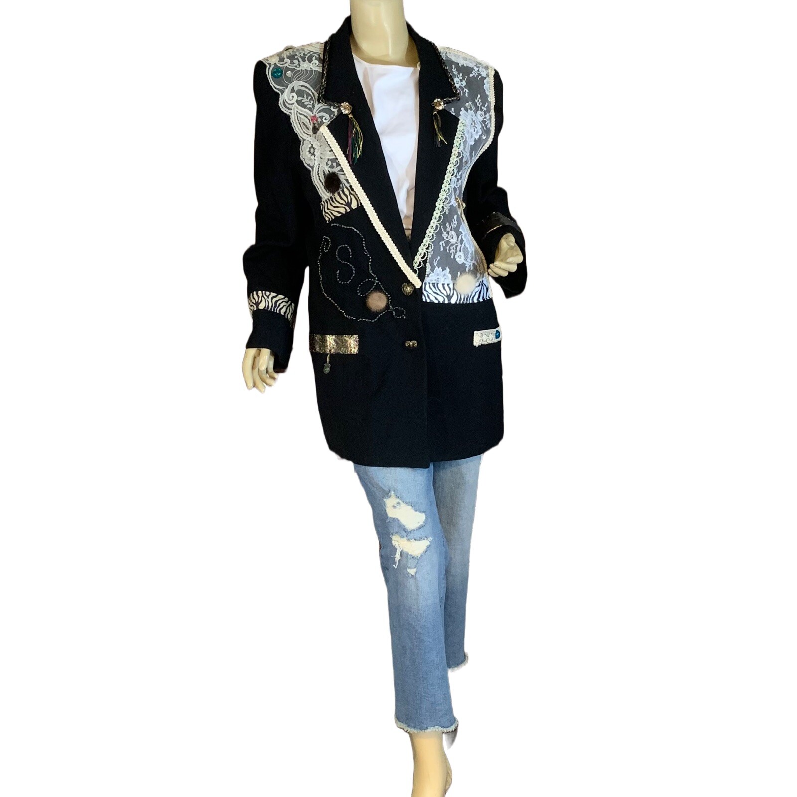 VINTAGE CIRCA 1980’S MICKI CUSTOM DESIGNED BLACK WOOL-BLEND BLAZER SIZE 14