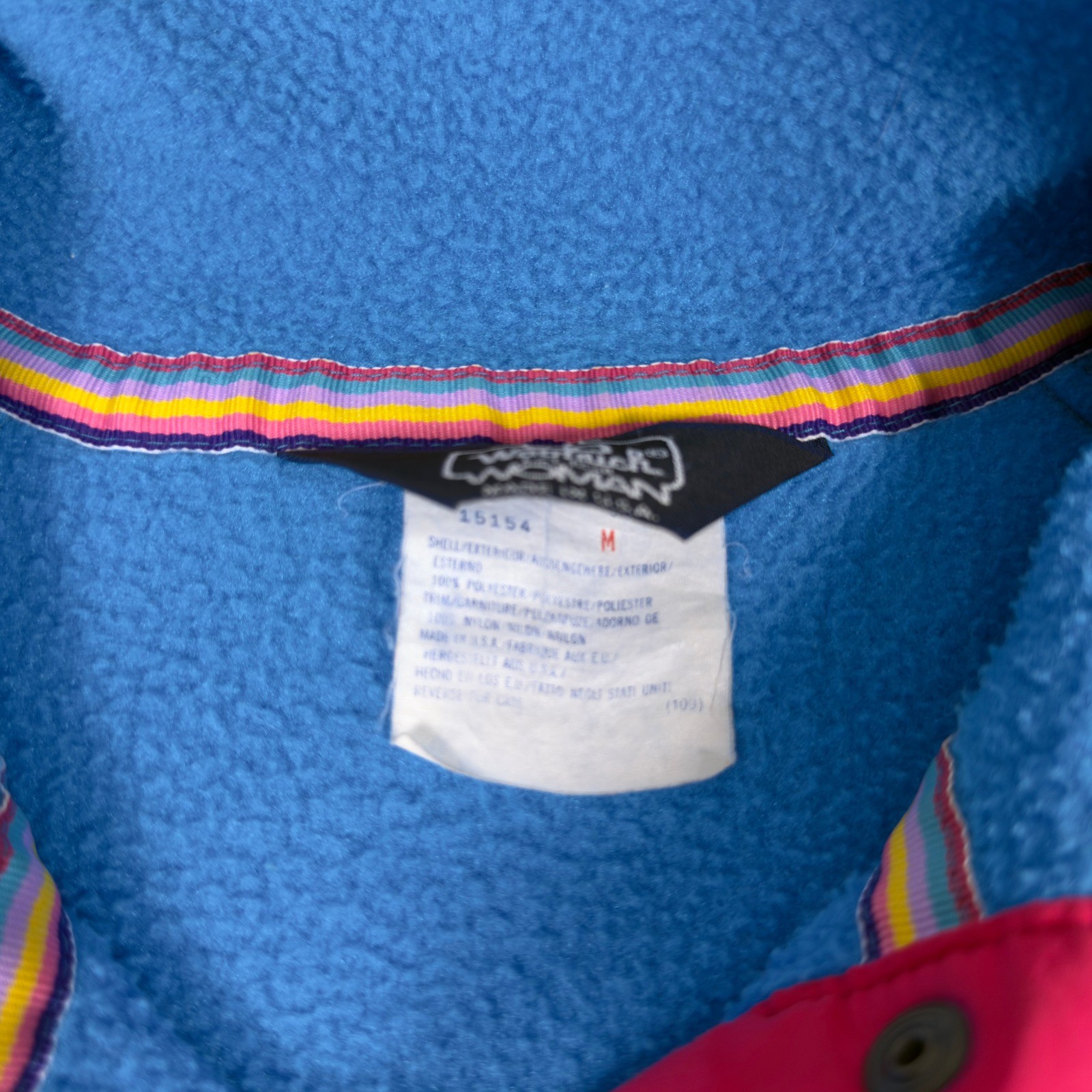 Vintage 90s Woolrich Summit Gear Fleece Snap Pullover Blue Pink Womens M USA
