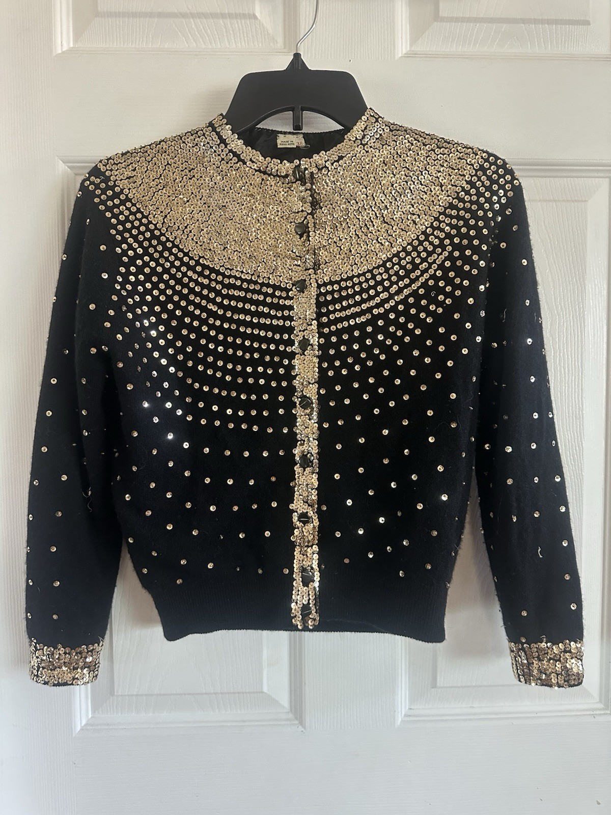 1950’s VINTAGE Black Cashmere/Wool Blend Cardigan with Gold Sequin Accents
