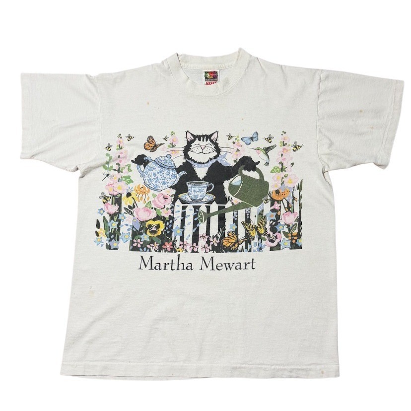 Vintage 90s Martha Mewart Cat Kitty Funny Animal Cottage Tea Art Graphic T-shirt