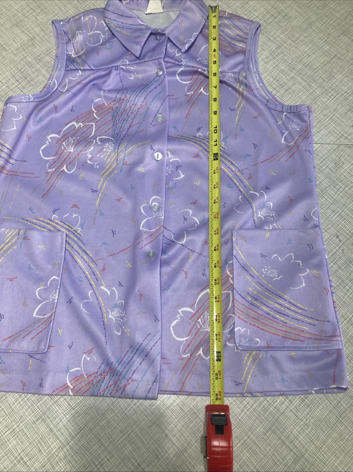 Vintage 70s Purple Abstract Floral Smock Blouse Sleeveless Polyester GUC Size L
