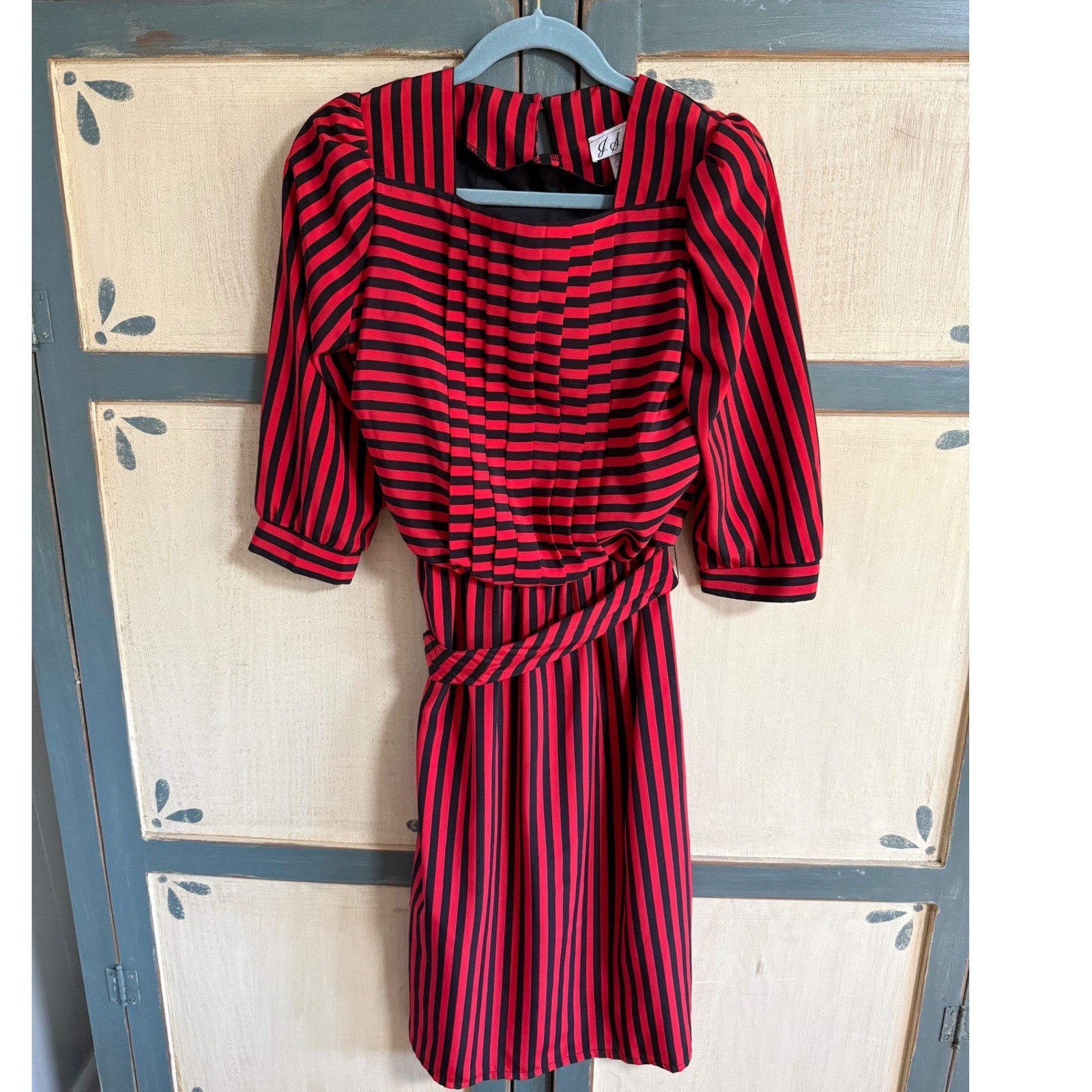 JSJ Vintage 80s Red Black Striped Pleated Midi Dress Puff Sleeve Rockabilly