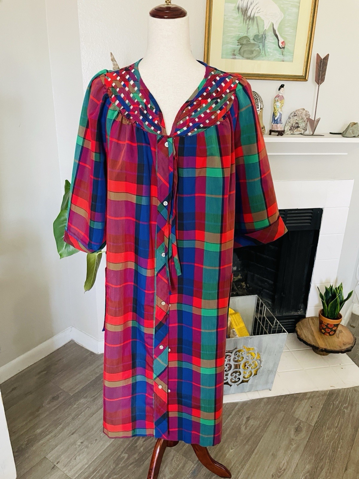 Vintage Snap Leisure Life Wms Colorful Plaid Snap House Dress Lattice Pockets