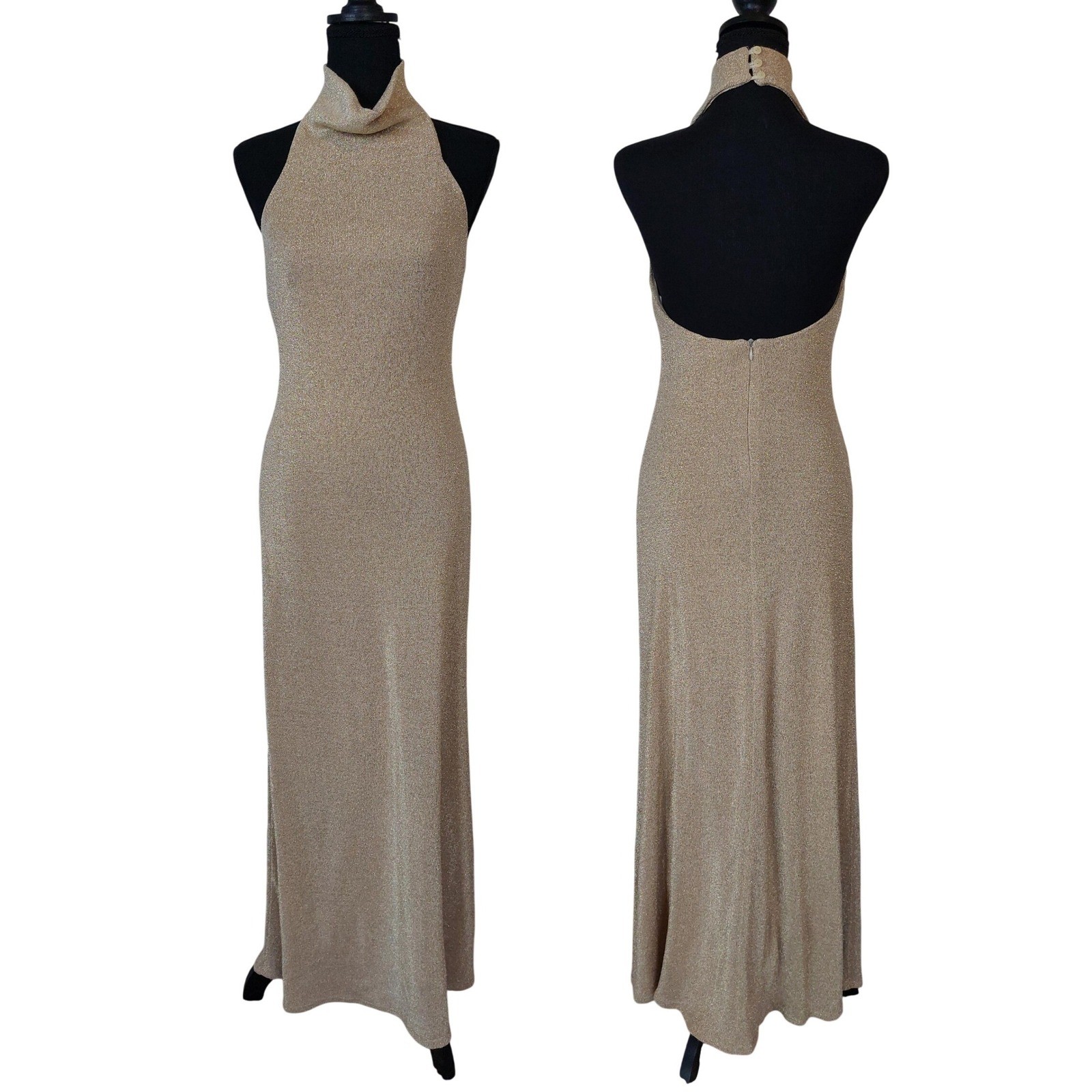 Scott McClintock Millennium 2000 Gold Metallic Halter Maxi Dress Open Back Sz 4