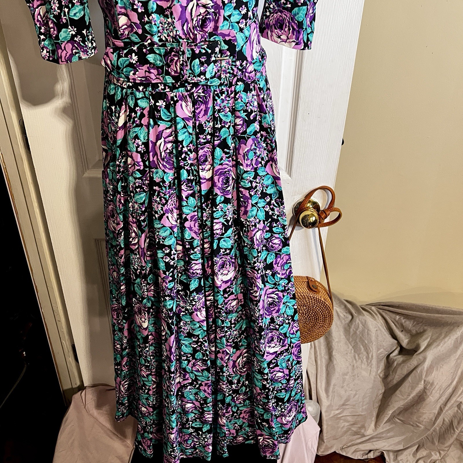 SL Fashions Vtg 90s Floral Belted Pleated Puff Sleeve Fit&Flare Maxi Dress 12