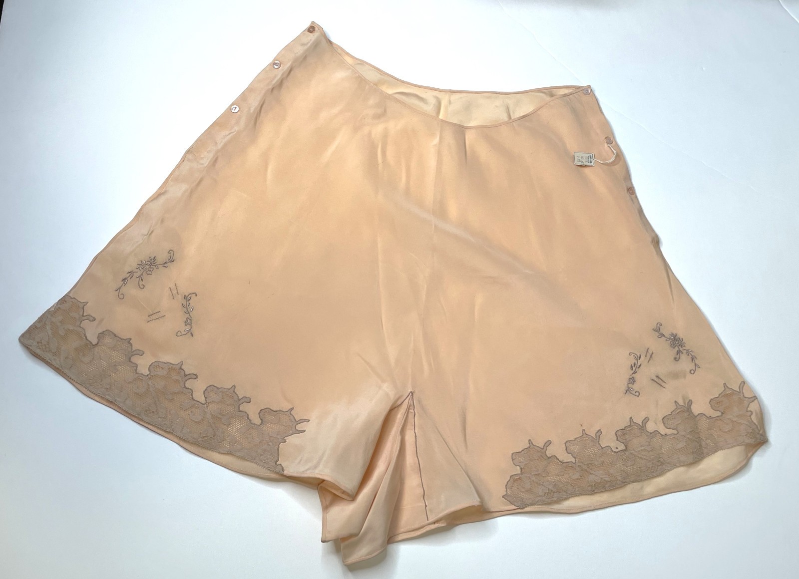 Antique 20s Pink Peach Silk Panties S M NOS Button Side Tap Pants Lace Embr