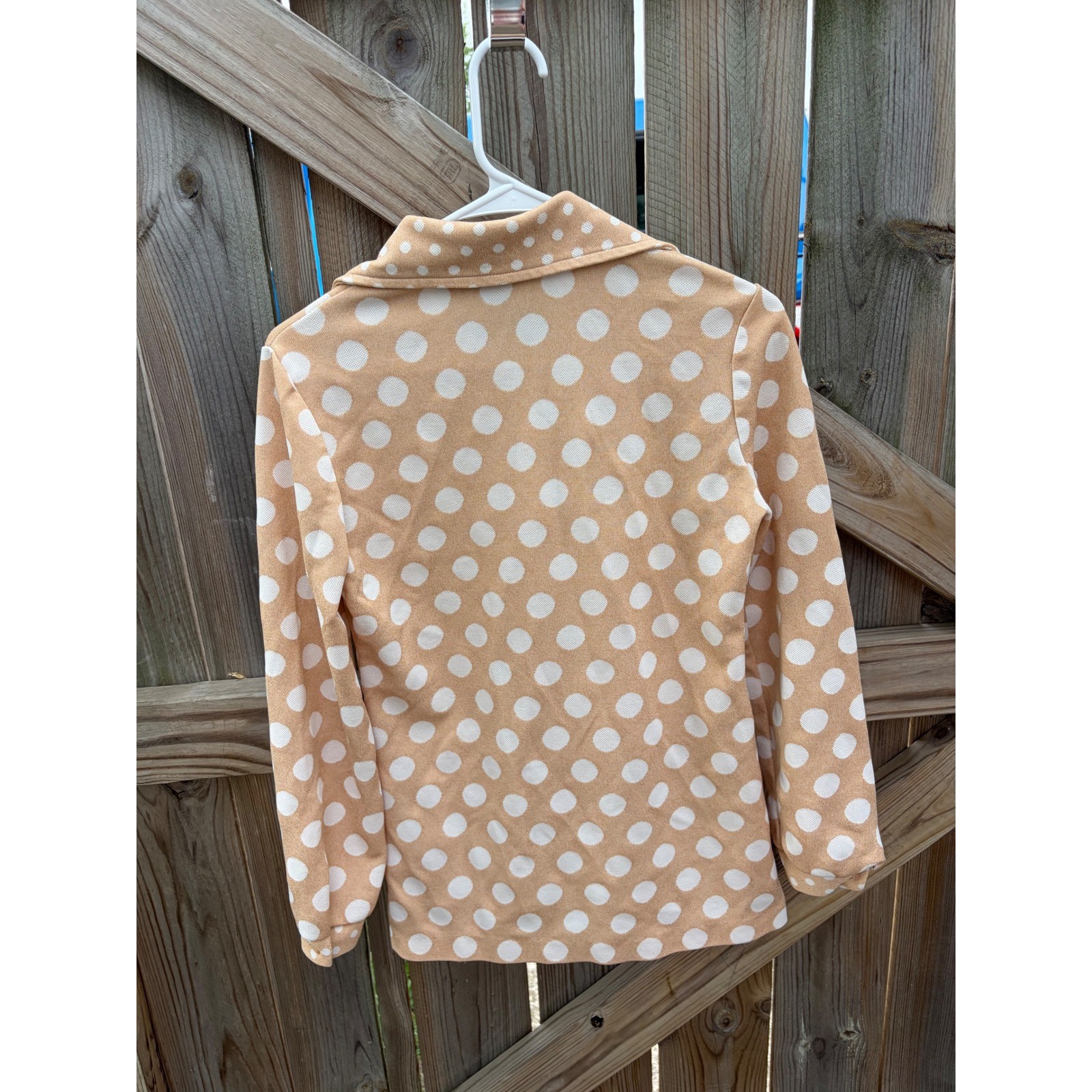 Stage 7 Vintage 70s Polka Dot Blouse Tan White Dagger Collar Retro Top Size 8