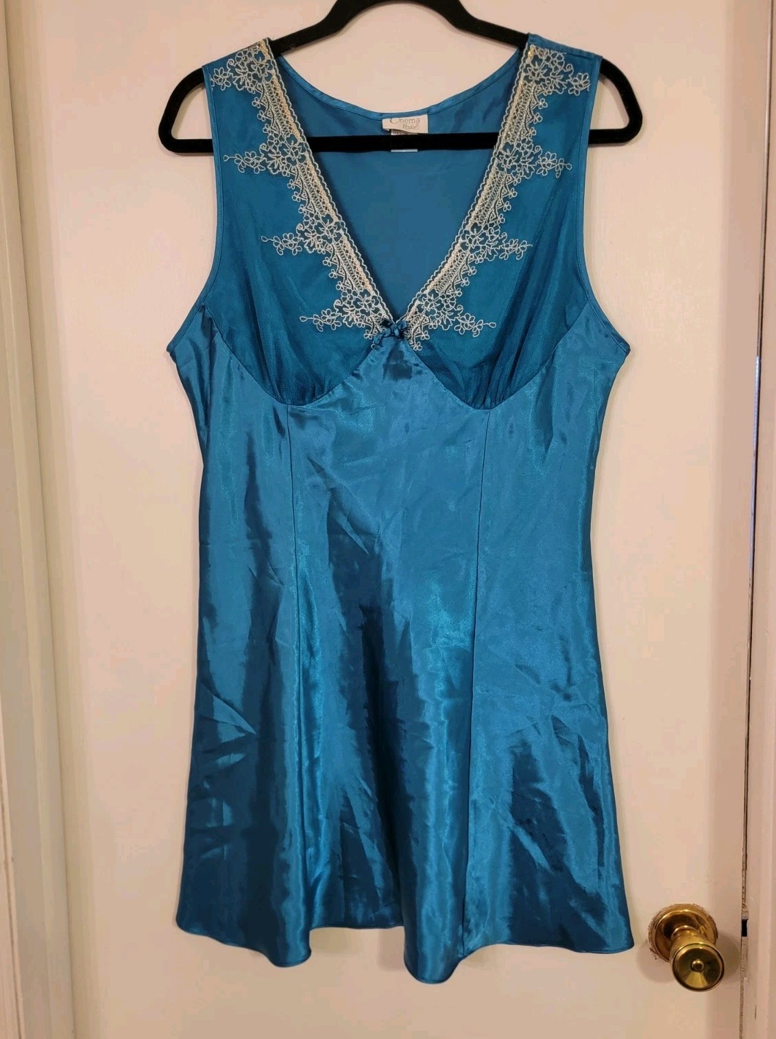 VTG BABYDOLL Cami Slip Dress Night Gown Size L Lace Aqua Blue KNEE LENGTH
