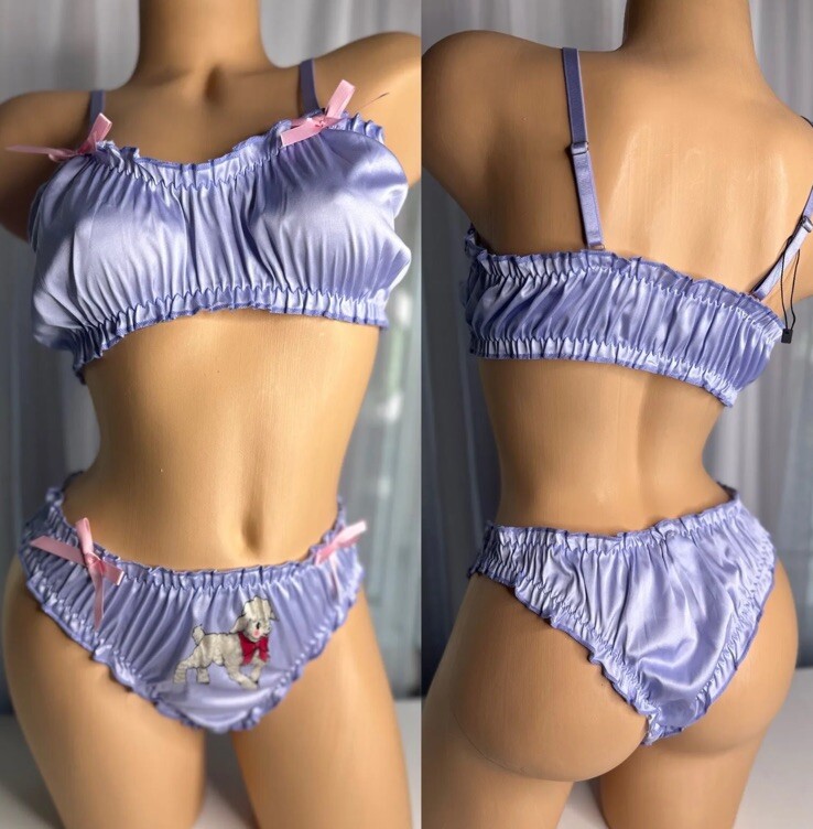 L 7 Shiny Satin Bralette & Tanga Panty Vtg Lingerie Coquette Lambs Bows