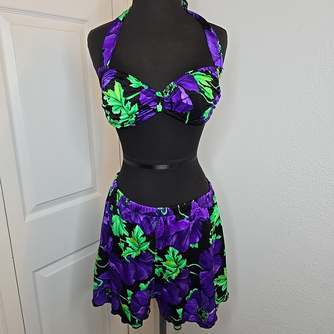 Vtg 1980’s Sirena Sun Streak 2 Piece Shorts Swim Suit Bathing Beach Foral SZ 14