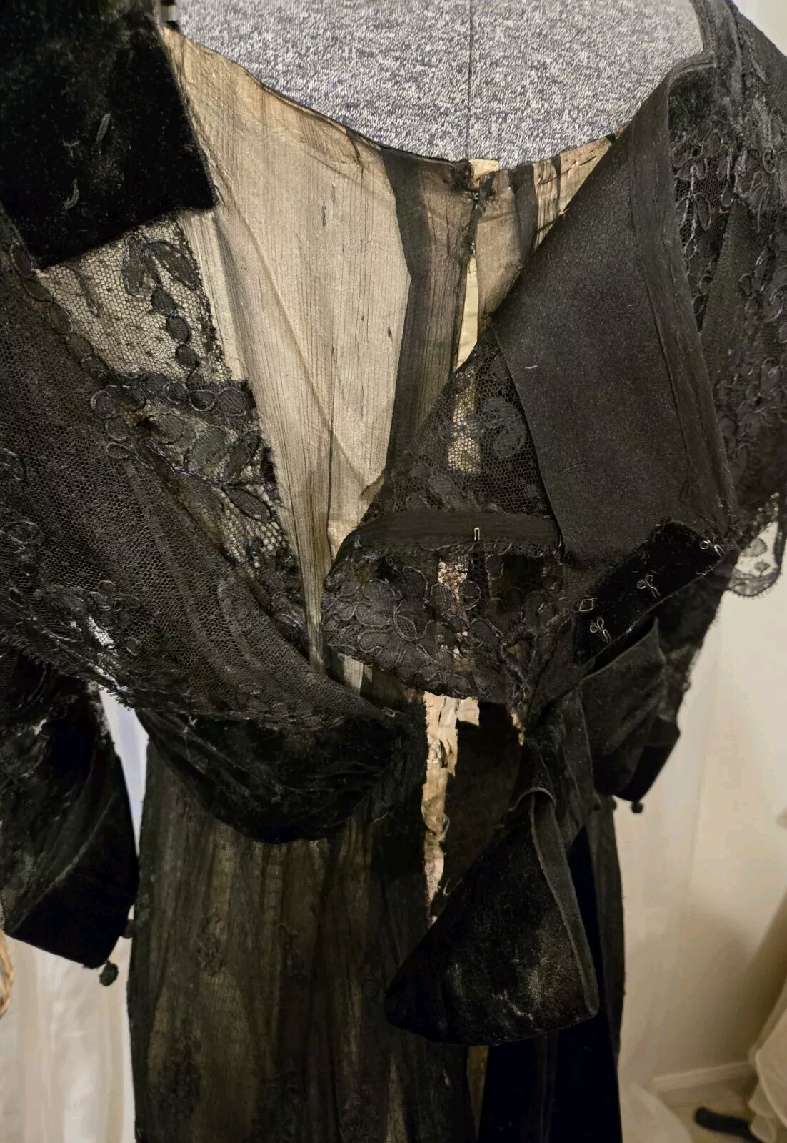 Edwardian Black Chantilly Lace Tassels & Velvet Trim Gown
