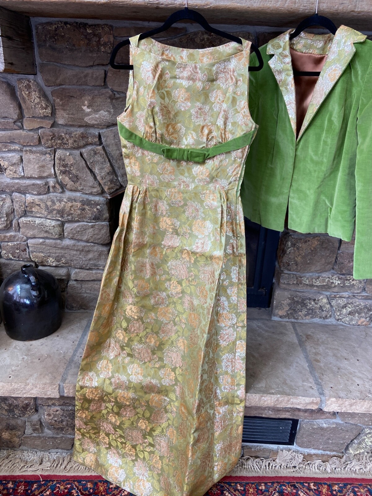 Fabulous Dress and Jacket Set GreenGold Brocade Velvet VTG 60s Holiday Party