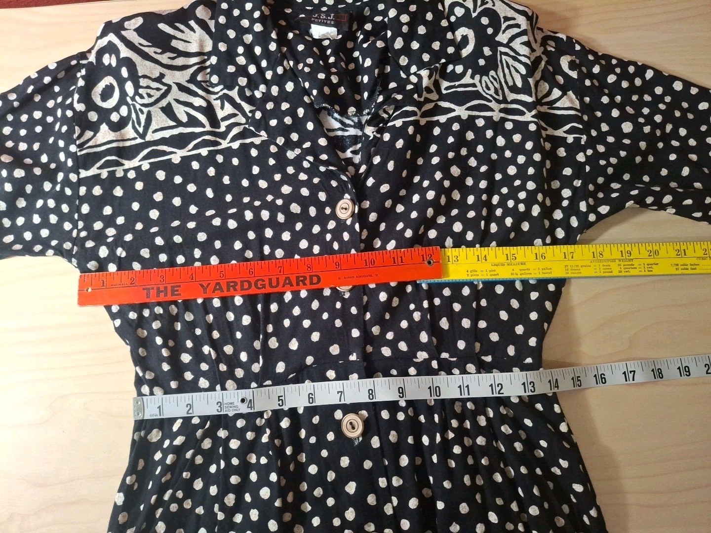 Vtg 80-90s JSJ Petite Button Up Sheath Pencil Dress Midi Black Polka Dot Rayon S