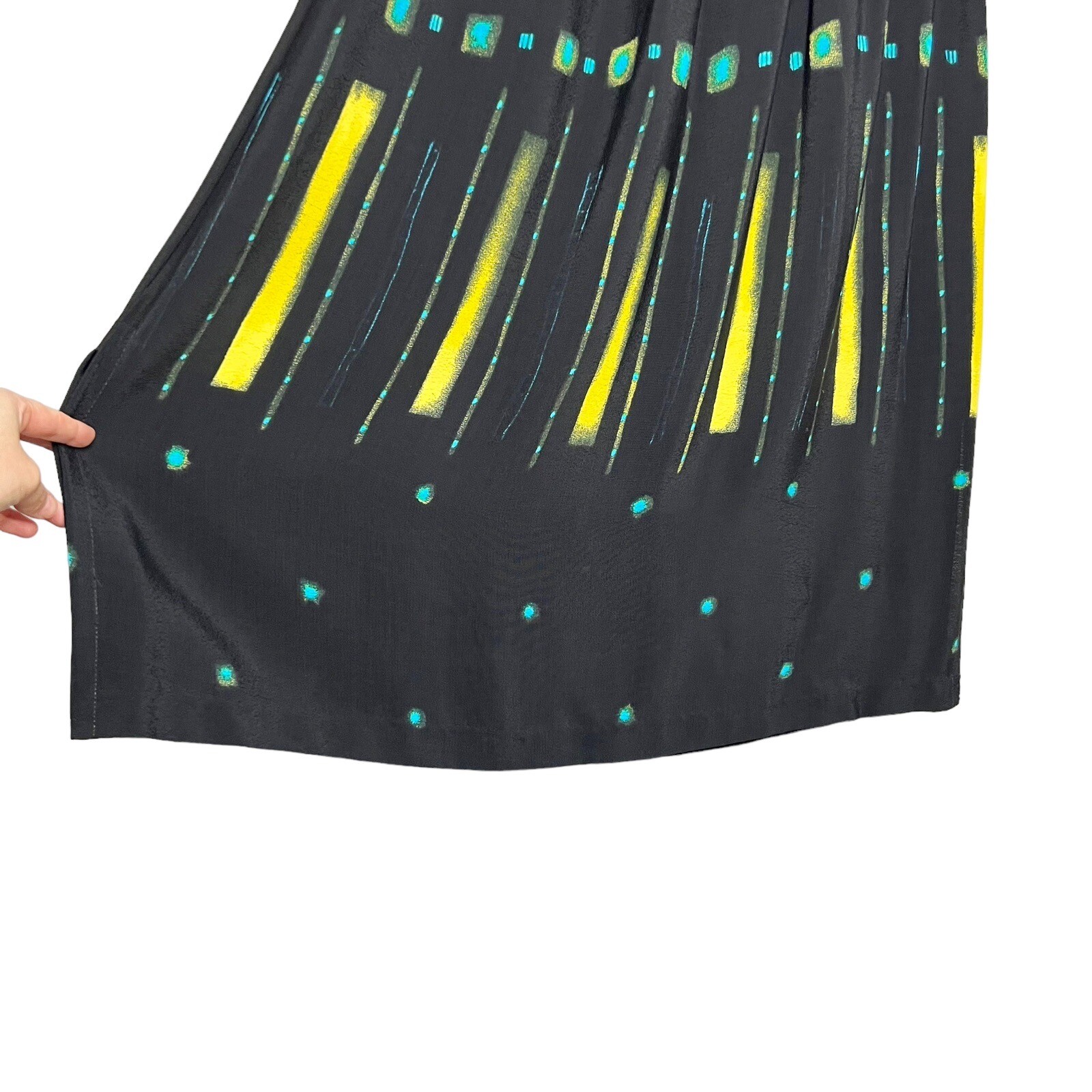 Vtg Nino Wong Rayon Black Teal & Bright Yellow Abstract Print Maxi Skirt Medium