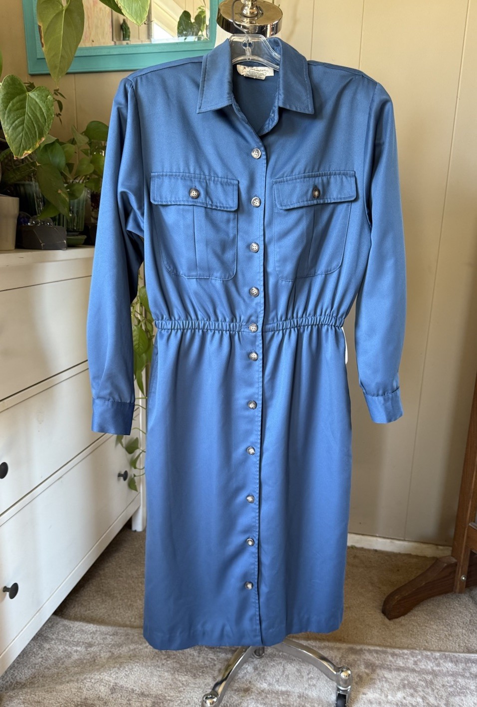 Vintage Norm Thompson Blue Button-Up Dress, size 4P