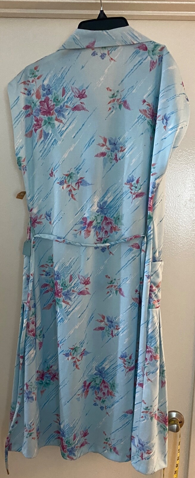 VTG 70s House Dress Women Floral Vneck Collar Button Tie Waist Blue Pink Floral