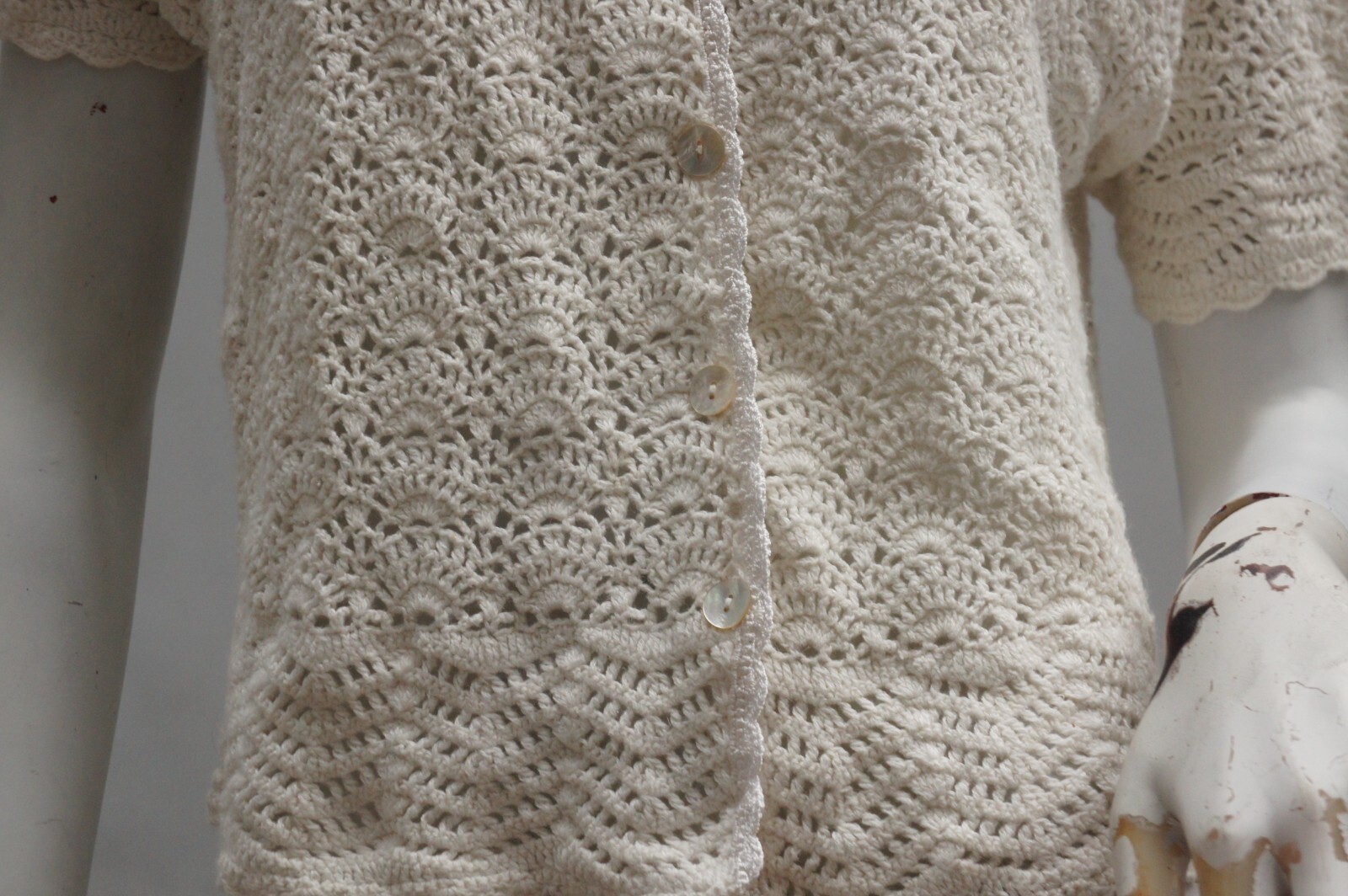 Vintage Jantzen Crochet Cardigan Sweater Open Knit Lace Mother of Pearl Buttons