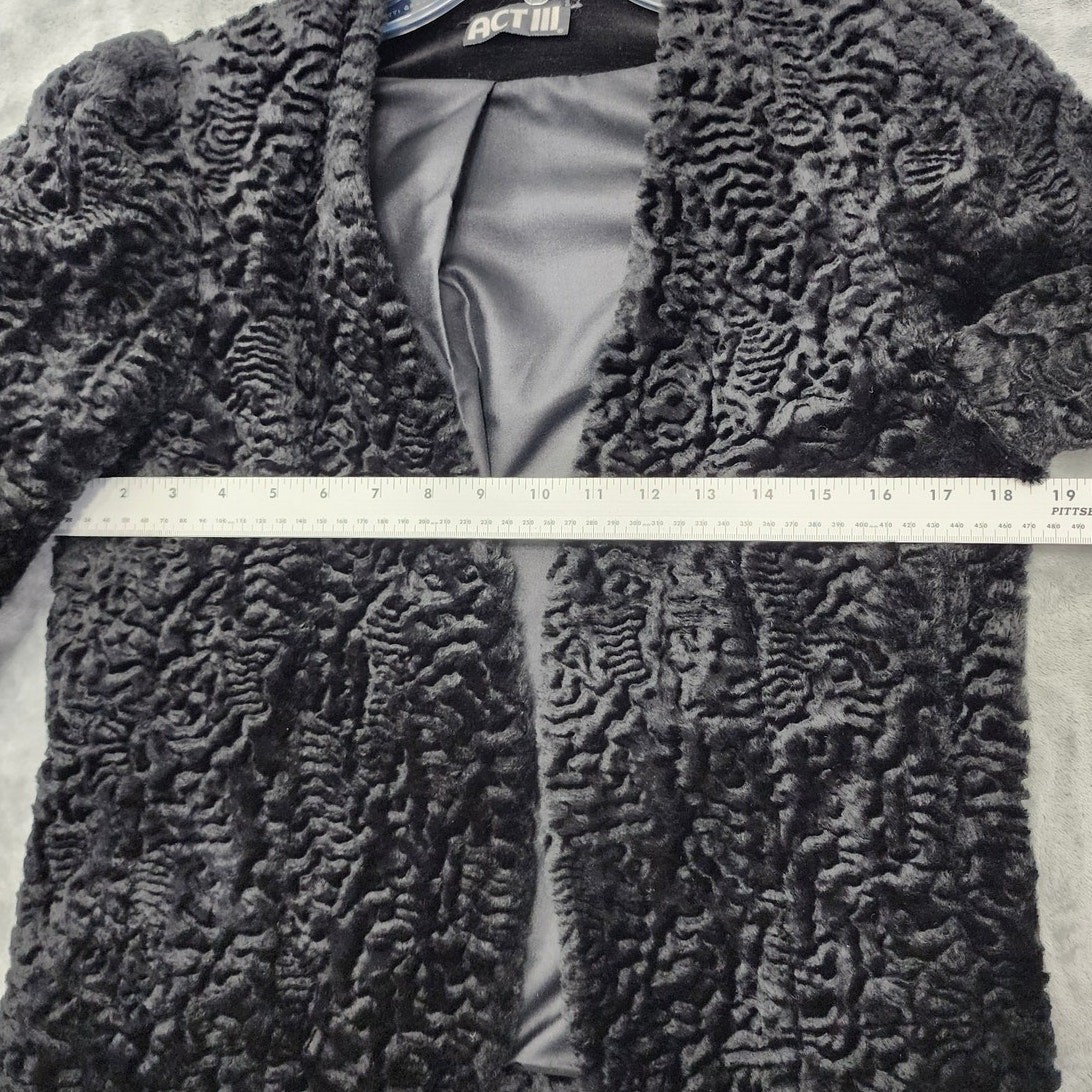 Vintage Act III Faux Fur Jacket Womens 10 Black Curly Parsian Lamb Open Front
