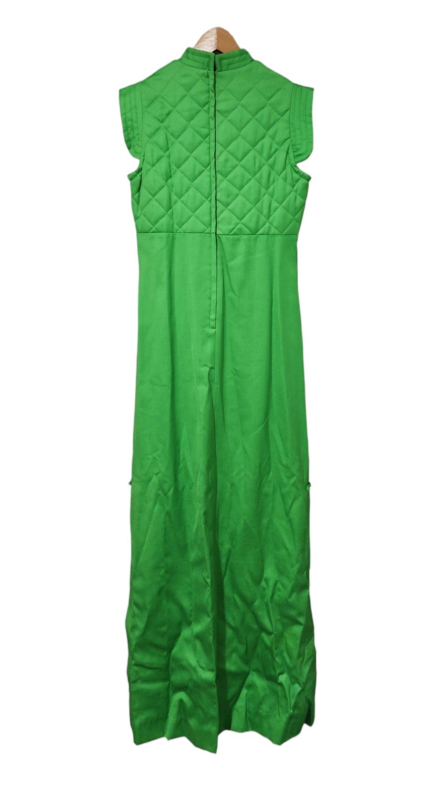 Vintage Miss K by Alfred Shaheen Green Quilted Mandarin Collar Maxi Dress