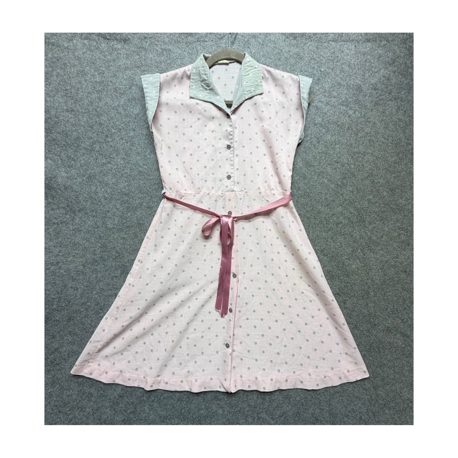 Vintage ILGWU Pink Polka Dot Shirt Dress Union Made A-Line Sleeveless Size 12