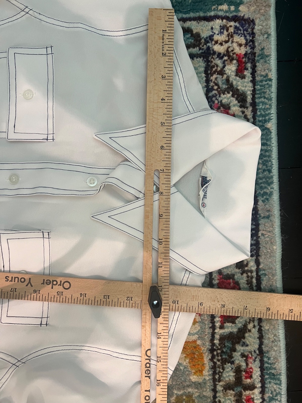 Vintage Women’s BIG COLLAR White Poly Flap Pocket Retro Mod Shirt S Free Ship