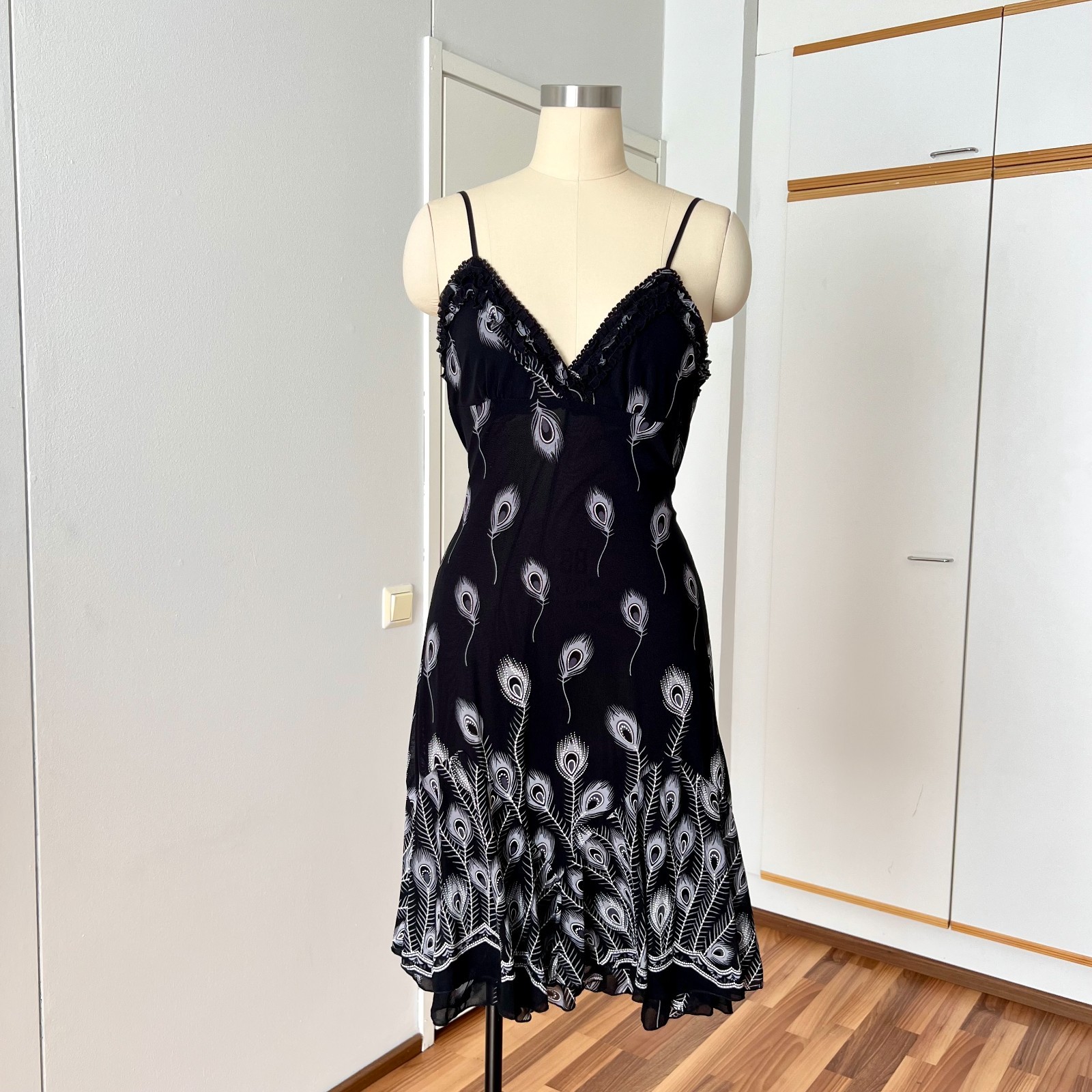 Y2K Black Whimsygoth Slip Dress Spaghetti Straps Ruffle Hem Slinky Fairy Aline