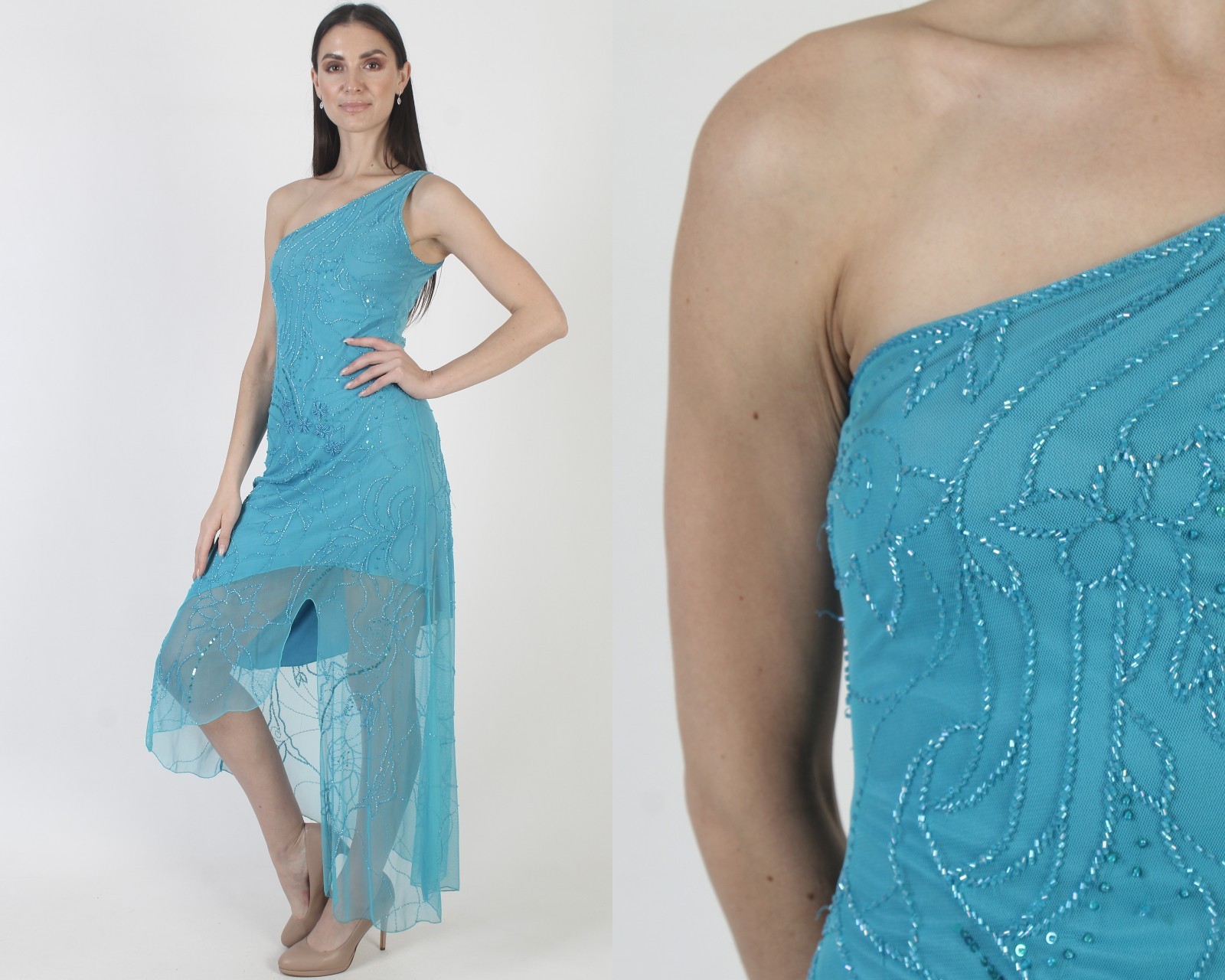 Cache One Shoulder Beaded Dress Vtg Y2K Asymmetrical Hi Low Cocktail Prom Gown S