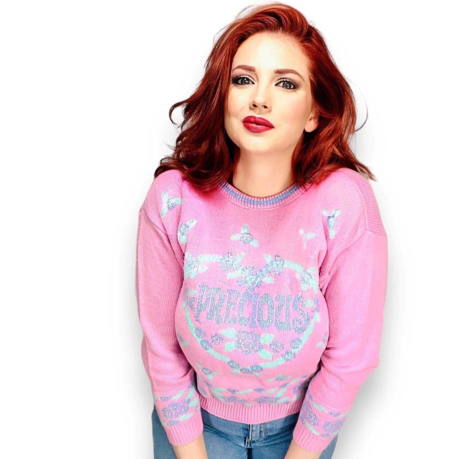 Vintage 80s Girls Pink PRECIOUS Floral Knit Sweater Top Girls 14/16 or Adult XS