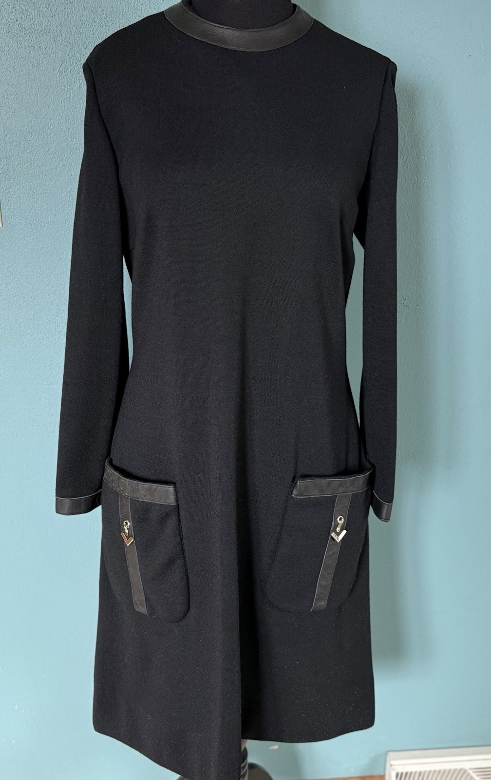 VTG Black Wool Knit Dress Leather Trim Silver Accents Size S/M by Junior Accent